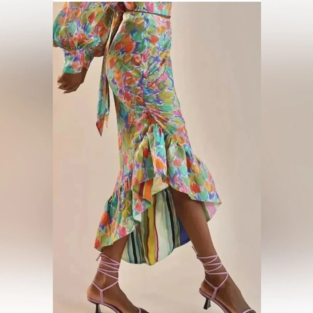 Anthropology Hope For Flowers Asymmetrical Slim Floral Midi Skirt Sz Medium
